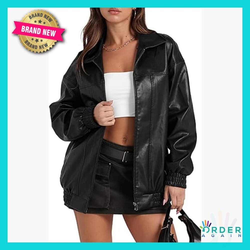 Oversized Faux Leather Jacket Long Sleeve Zip Up Moto Bomber Y2K Streetwear